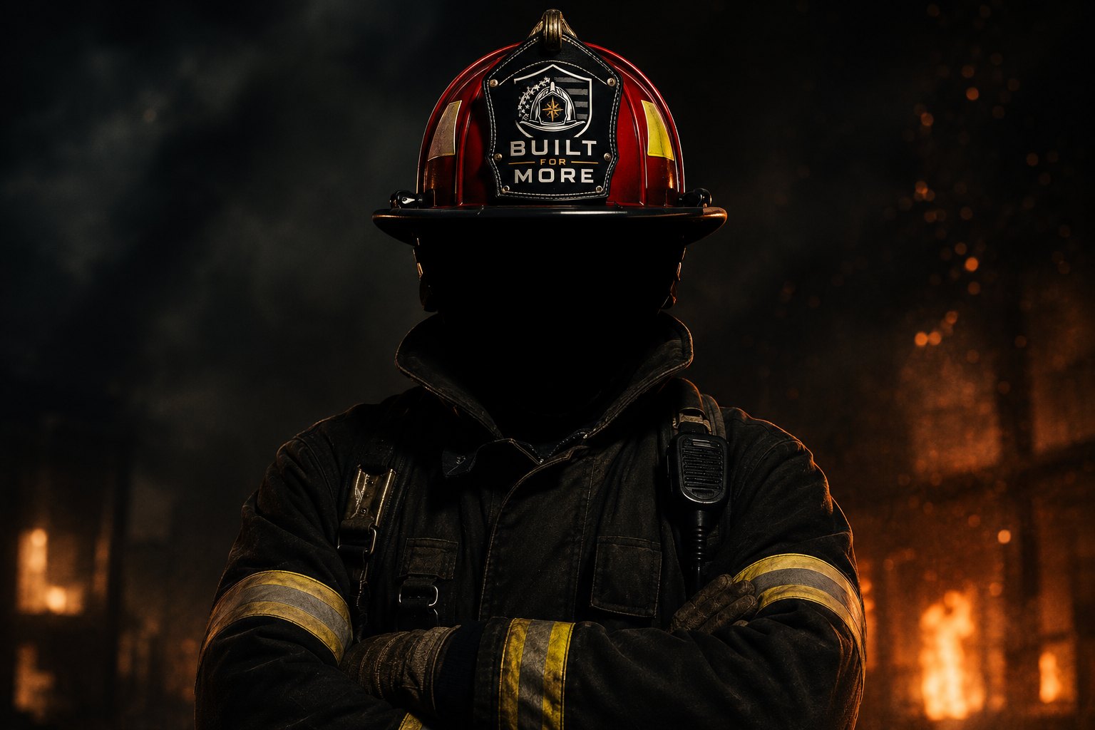 A firefighter in full turnout gear with arms crossed, standing in front of a burning structure, wearing a Built For More helmet shield.